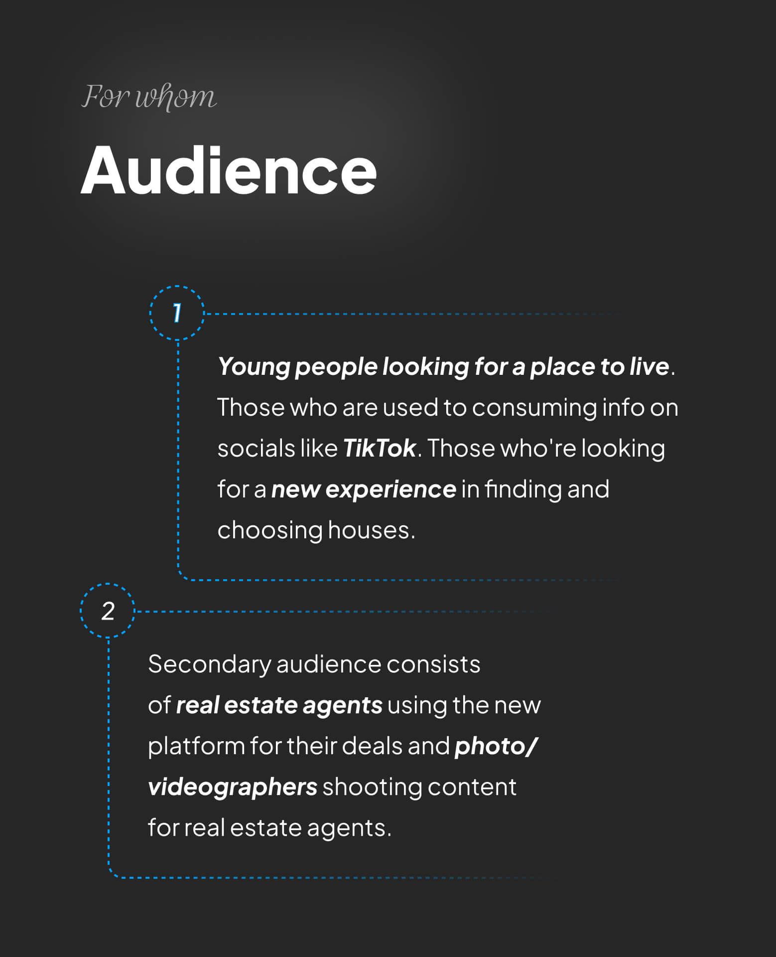 Text describing target audience: 1) Young people looking for a place to live who use social media like TikTok and seek a new experience in choosing houses. 2) Secondary audience includes real estate agents and photo/videographers creating content for them.
