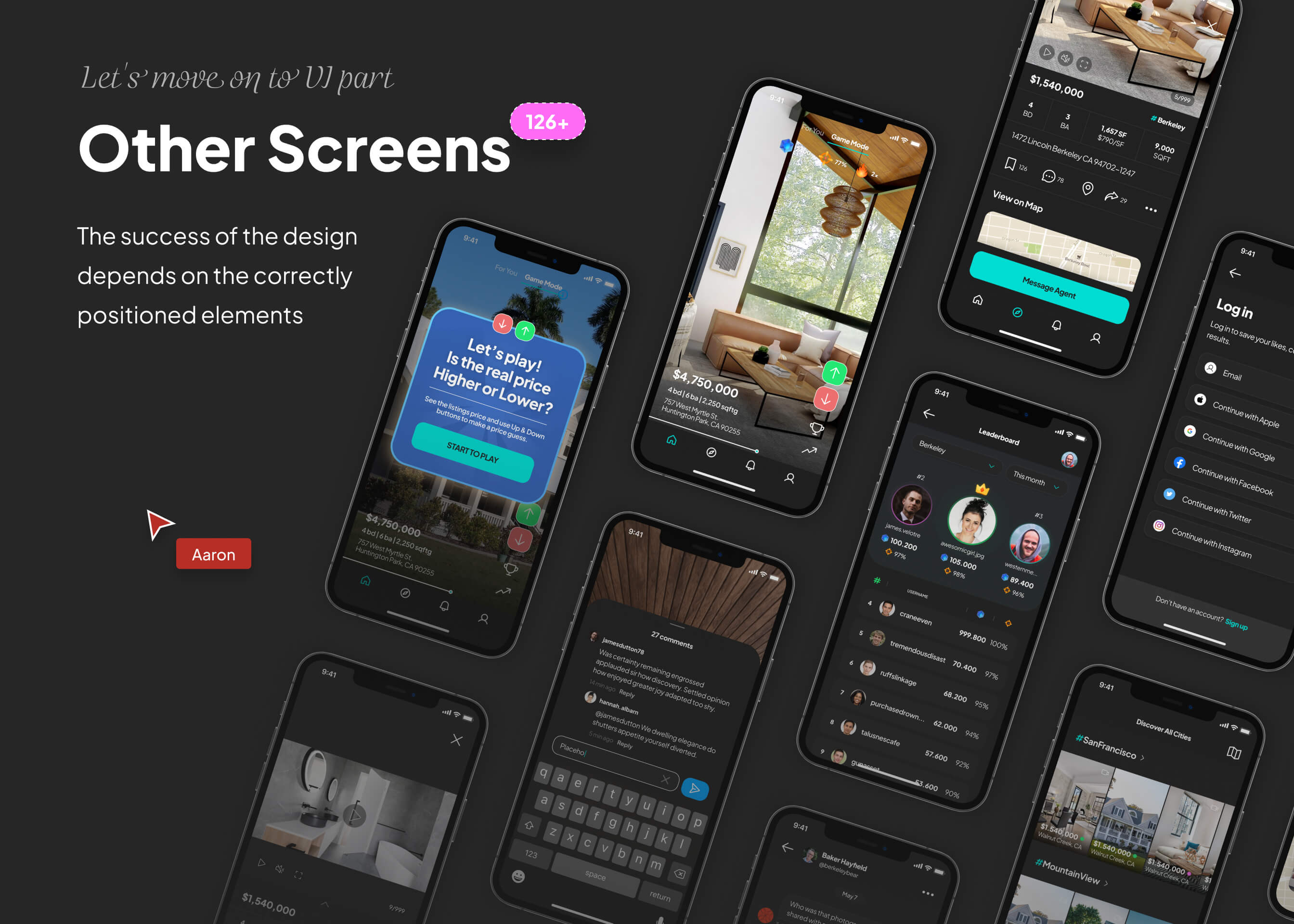 Multiple smartphone screens displaying various app interfaces including a real estate price guessing game, property listings, leaderboard, login, and messaging features.