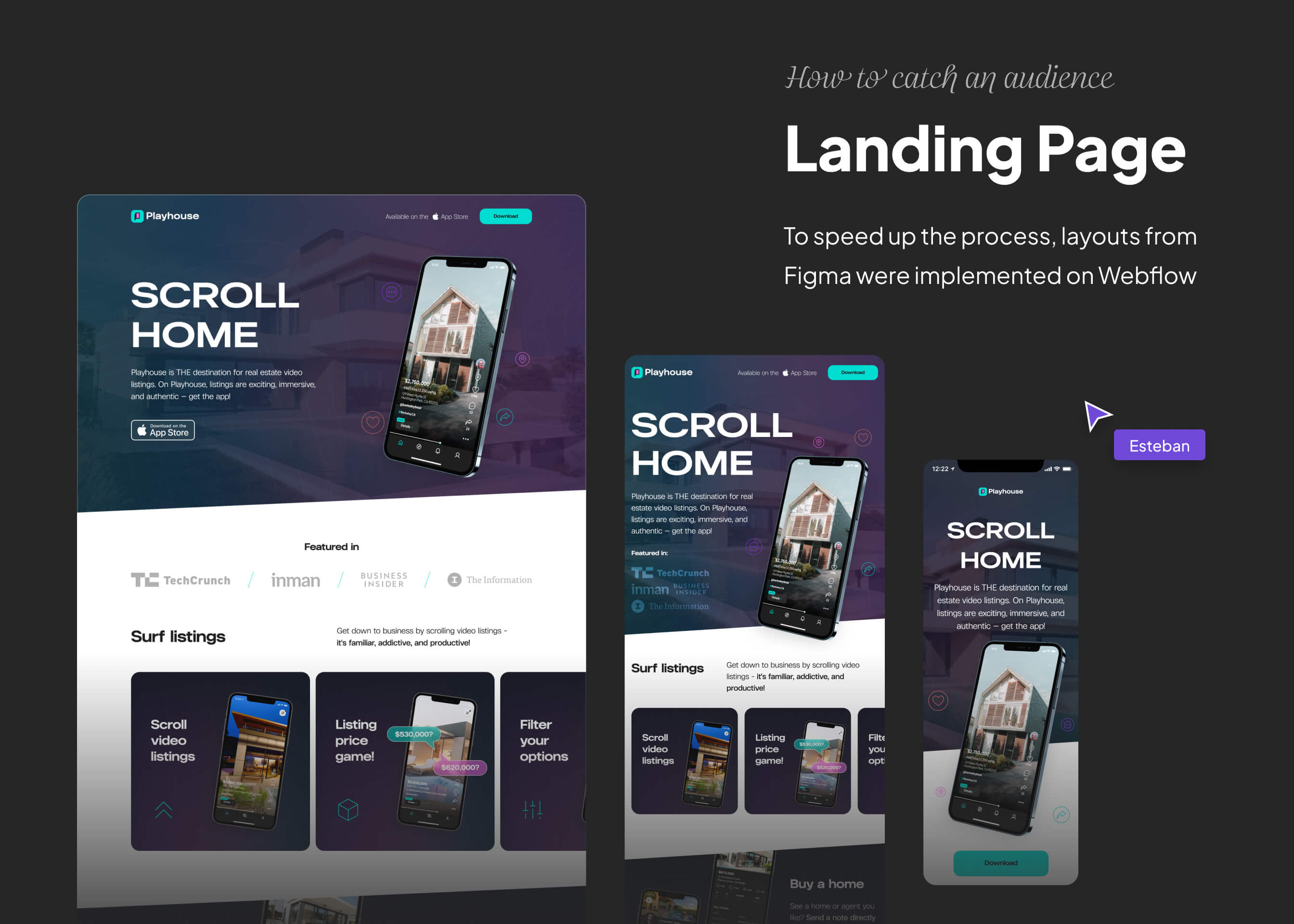 Landing page design for Playhouse app showing a mobile phone with a house listing and sections highlighting video listings, price listings, and filtering options.