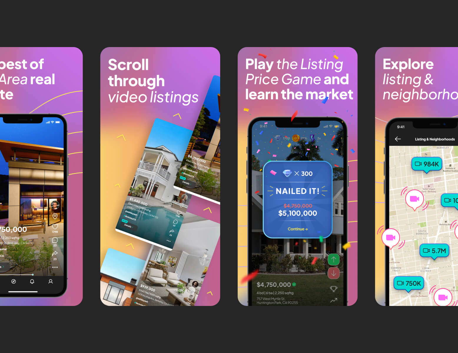 Four phone screens showing a real estate app with video listings, a Listing Price Game, and a map of neighborhoods with video counts.