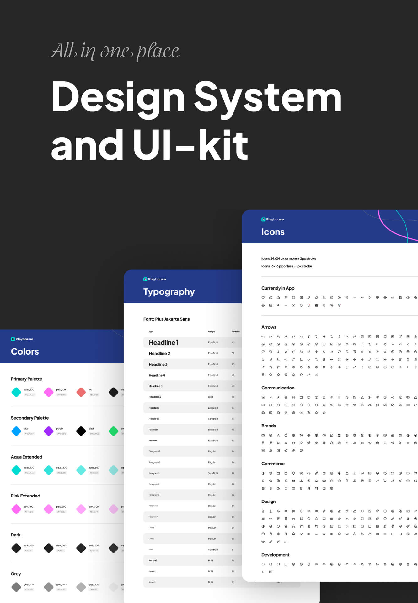 Playhouse design system showcasing color palettes, typography styles, and a wide set of icons including arrows, communication, brands, commerce, design, and development.
