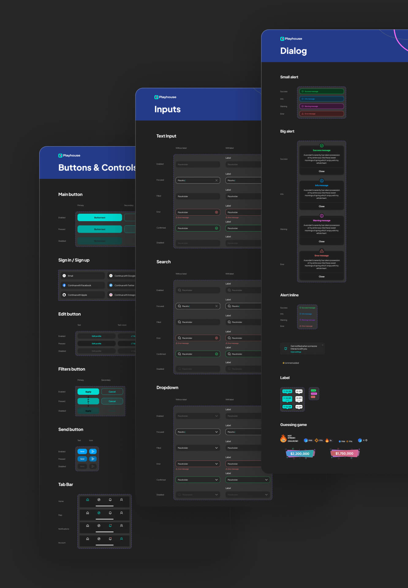 Dark-themed UI design examples for buttons & controls, inputs, and dialog components with various states and styles.