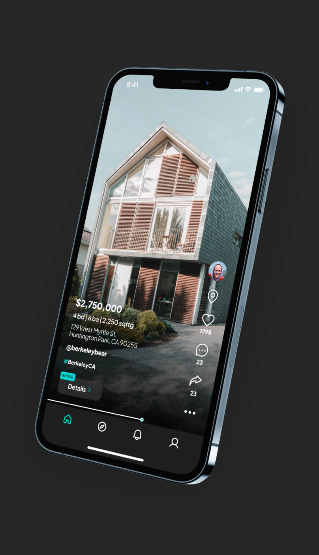 Smartphone screen showing a modern house listing with price $2,750,000, 4 bedrooms, 6 bathrooms, 2,250 sqft at 129 West Myrtle St, Huntington Park, CA, with interaction icons on a dark interface.