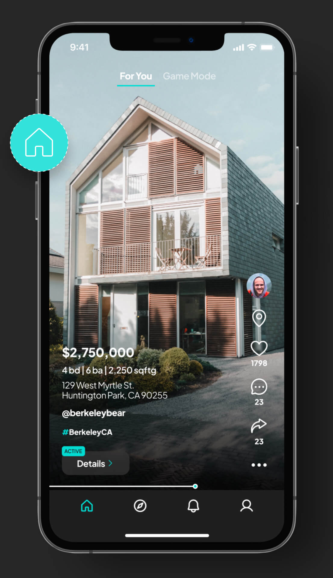 Mobile app screen showing a modern house for sale priced at $2,750,000 with 4 bedrooms, 6 bathrooms, and 2,250 square feet at 129 West Myrtle St., Huntington Park, CA.