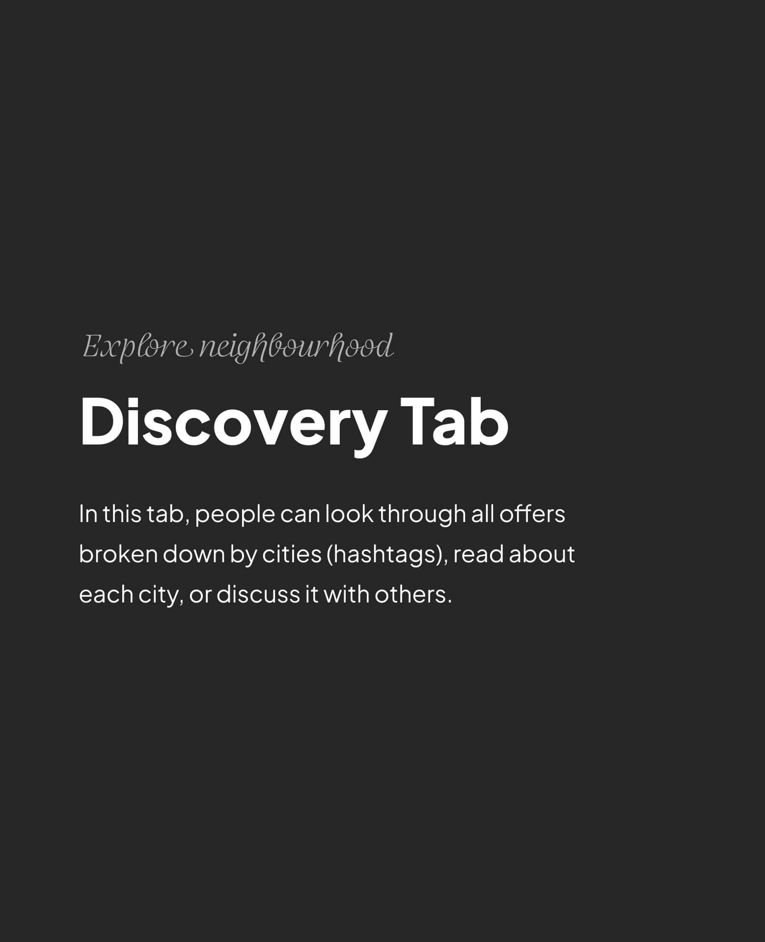 Text describing the Discovery Tab where users can explore offers by city hashtags, read about cities, or discuss them with others.