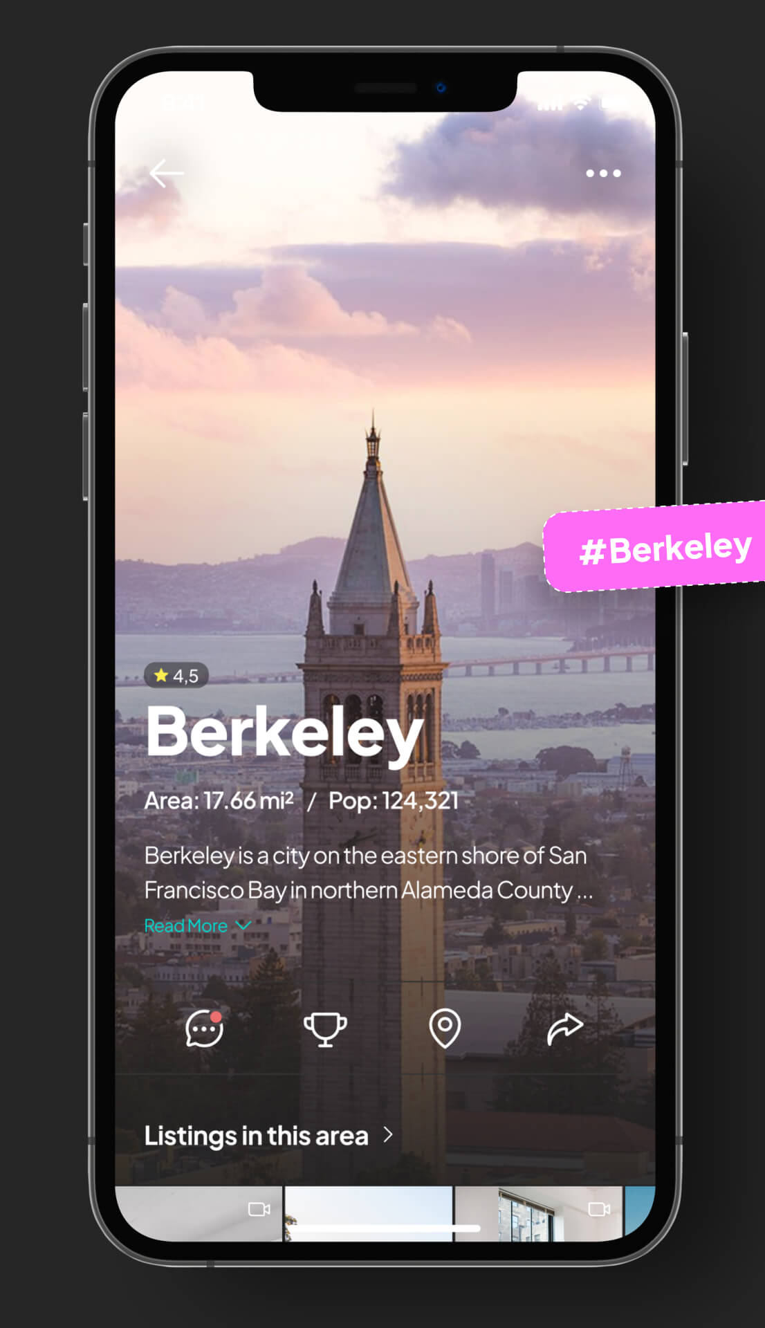 Smartphone screen showing a city description of Berkeley with a tower and a bay in the background at sunset.
