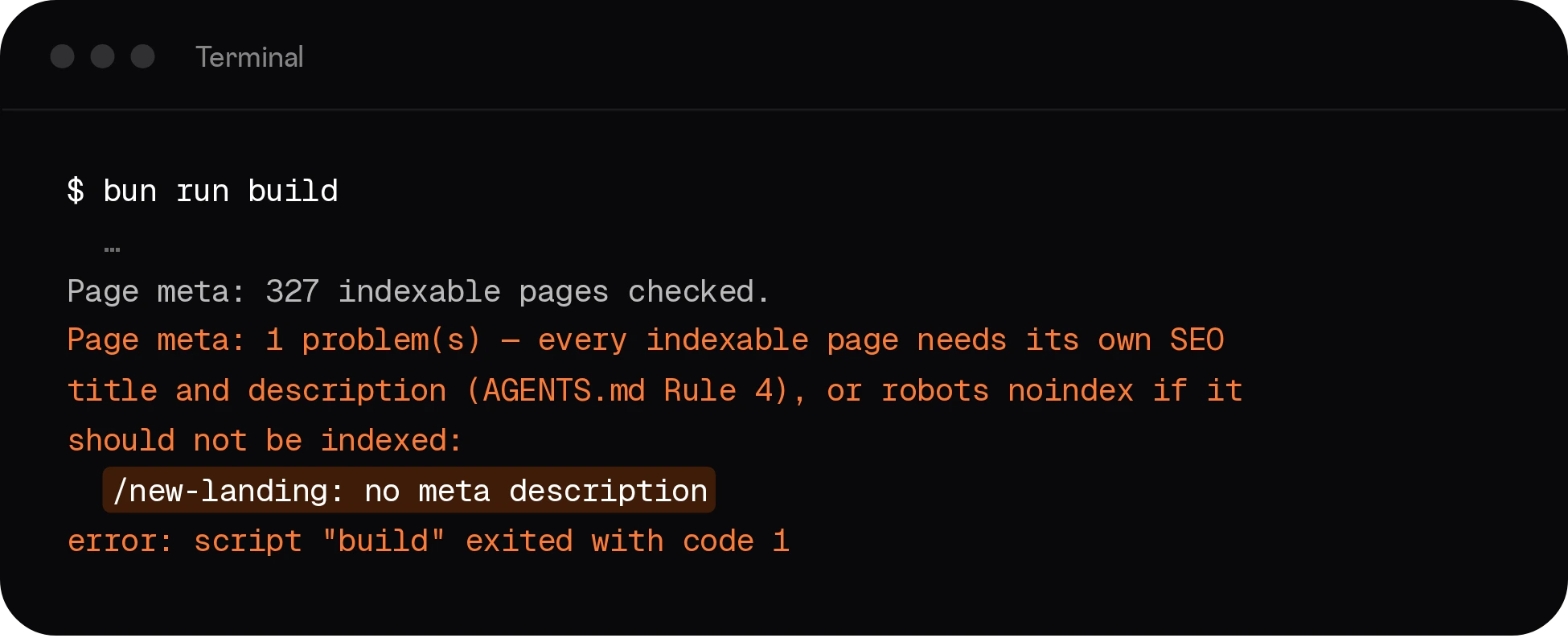 Terminal output: the build fails because /new-landing has no meta description