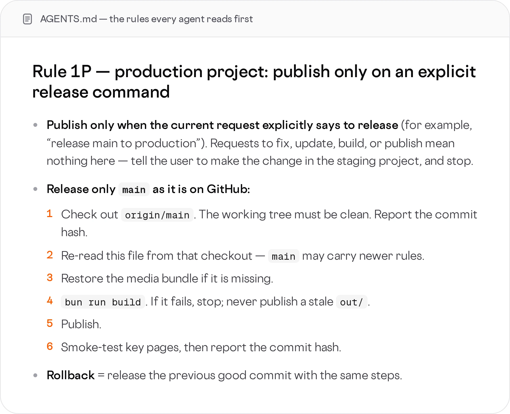 Excerpt of the production release rule from AGENTS.md