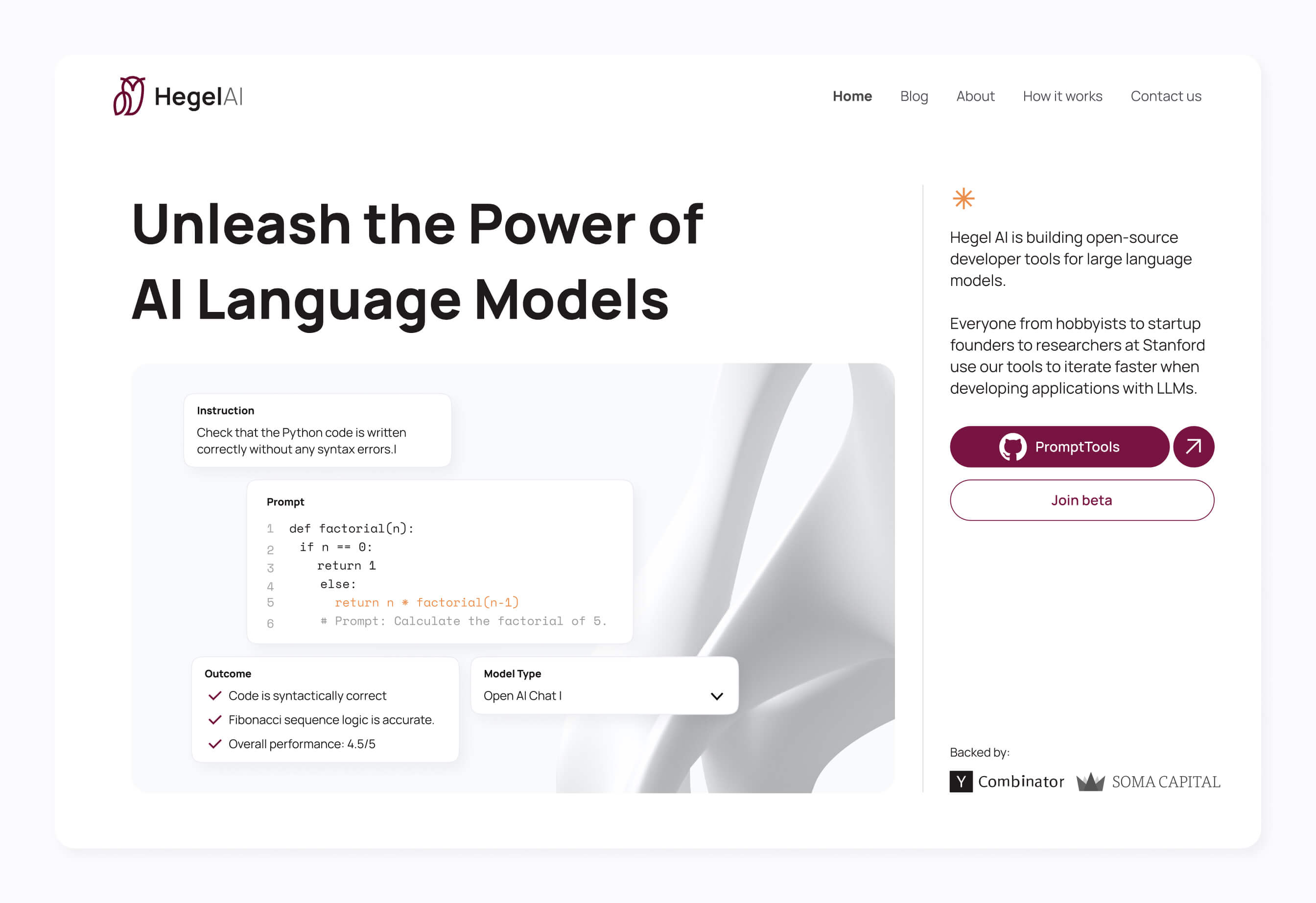 Hegel AI webpage showing a coding prompt to check Python factorial function syntax with outcome checklist and model type Open AI Chat I.
