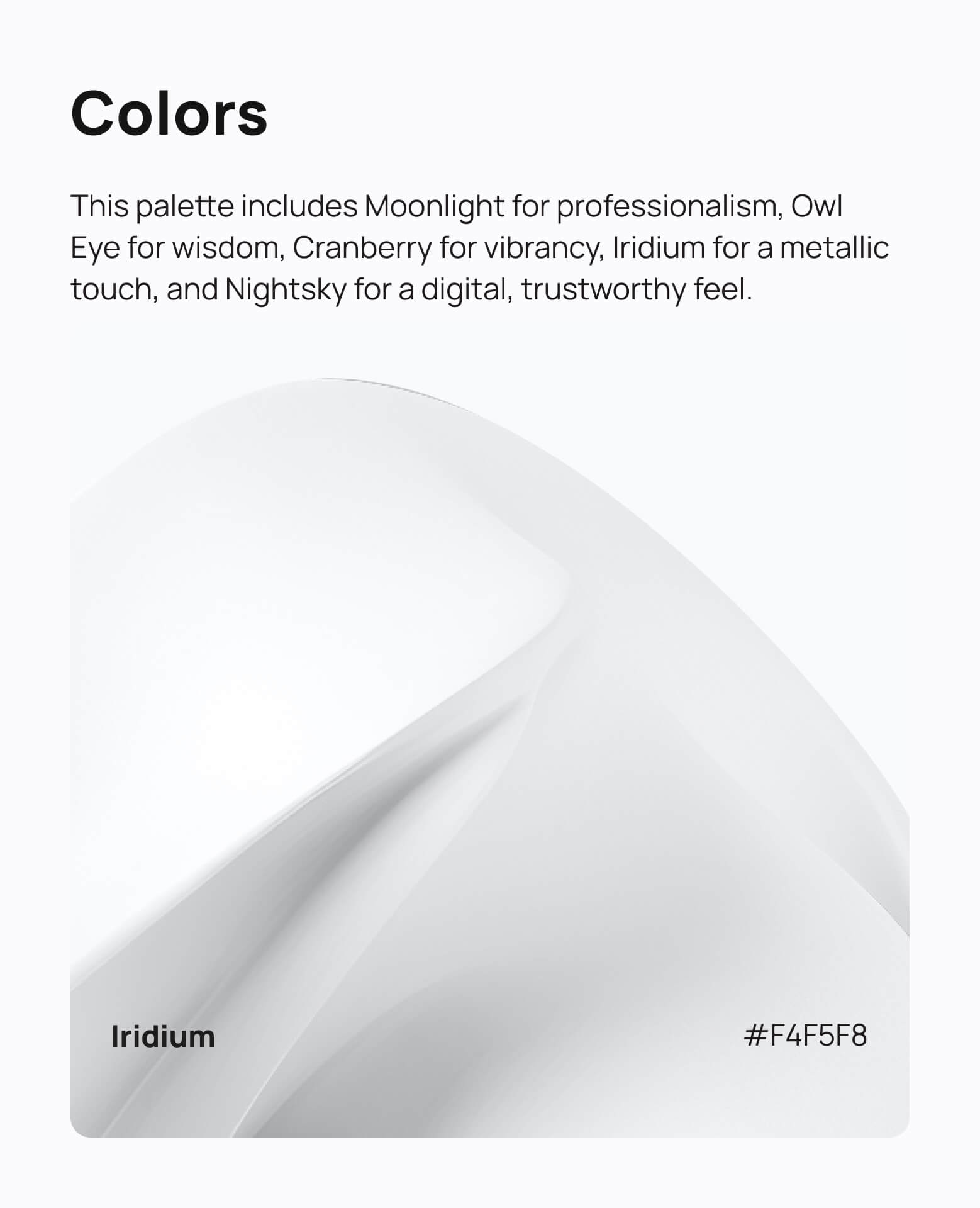 Color palette description with Iridium color shown as off-white with hex code #F4F5F8.