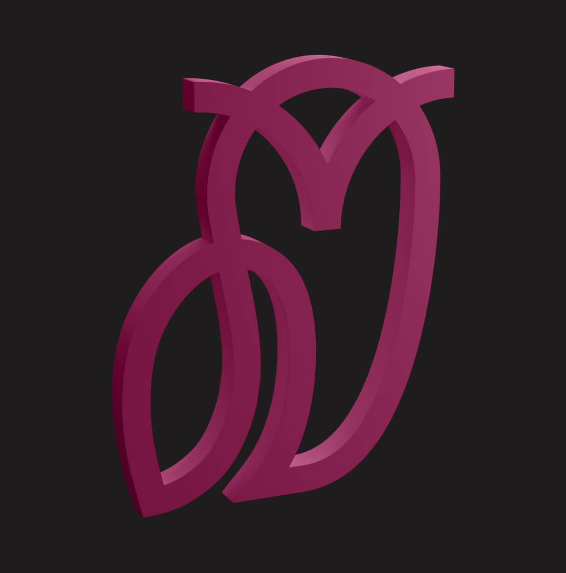 3D abstract magenta shape with intertwined curved lines against a black background.