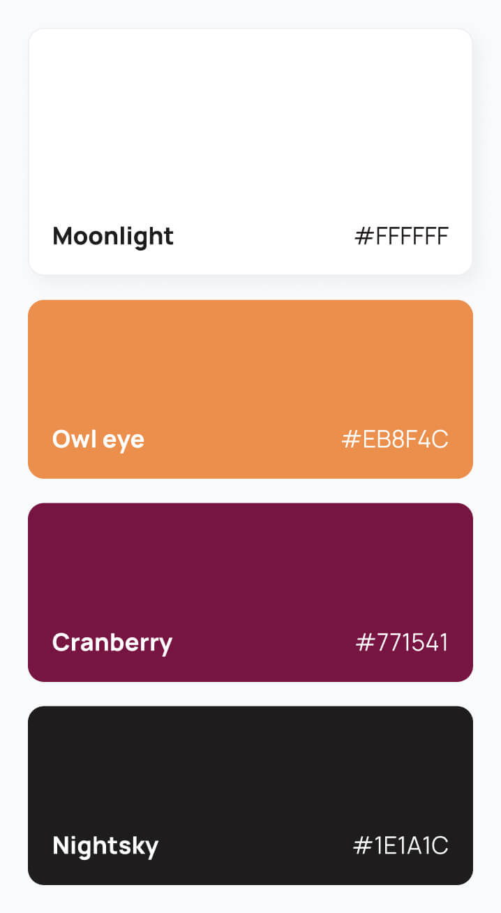 Vertical color palette with four colors: Moonlight white (#FFFFFF), Owl eye orange (#EB8F4C), Cranberry dark red (#771541), and Nightsky black (#1E1A1C).