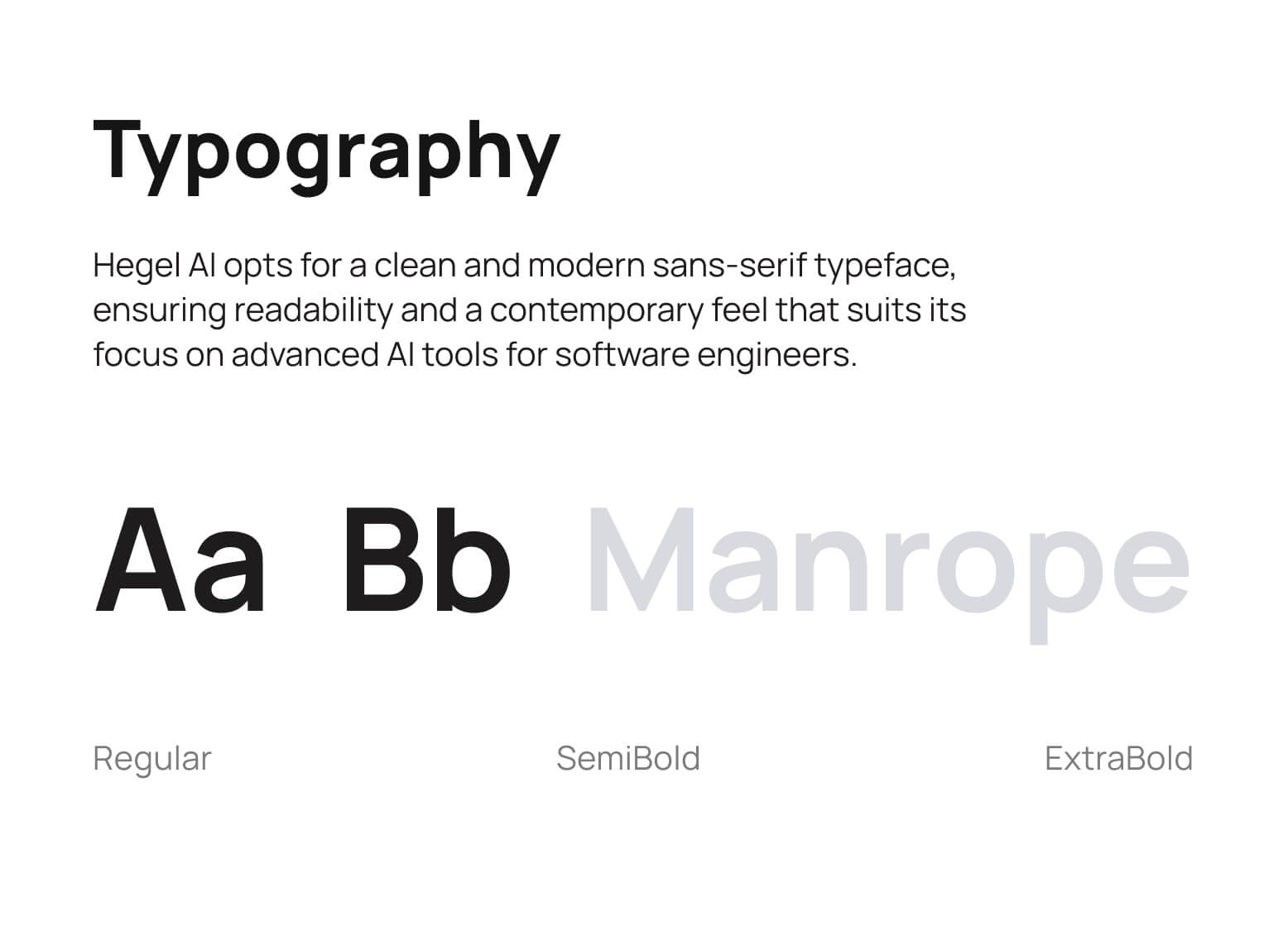 Typography sample for Hegel AI showing a clean, modern sans-serif typeface called Manrope in Regular, SemiBold, and ExtraBold weights.