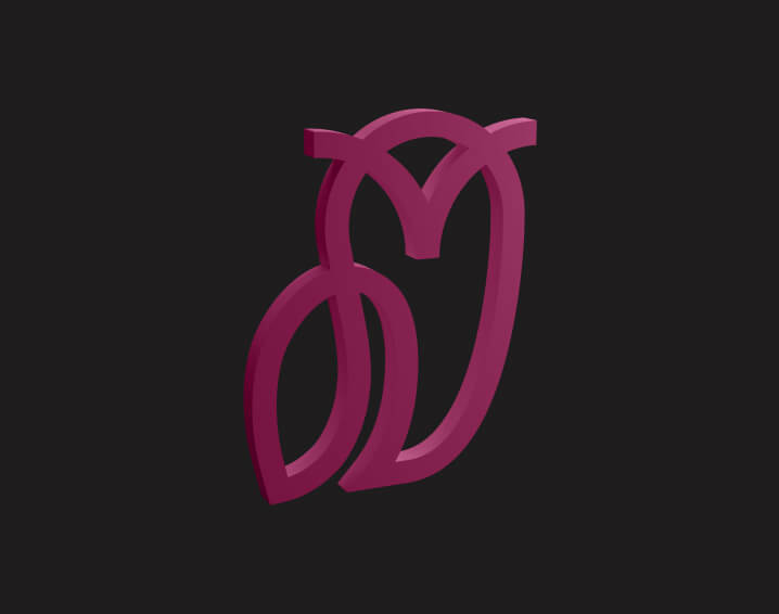 Minimalist maroon geometric illustration resembling two stylized birds on a dark background.