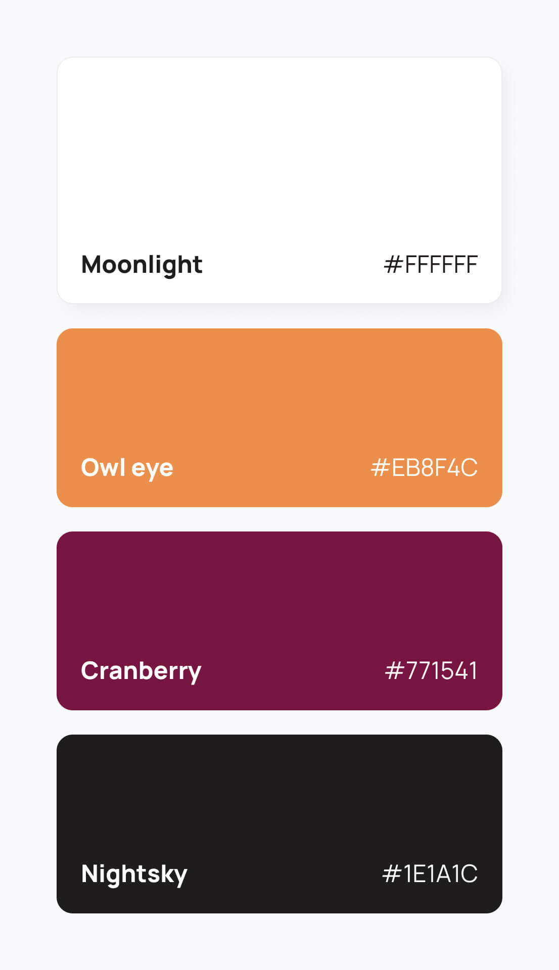 Color palette with four swatches: Moonlight white (#FFFFFF), Owl eye orange (#EB8F4C), Cranberry dark red (#771541), and Nightsky black (#1E1A1C).