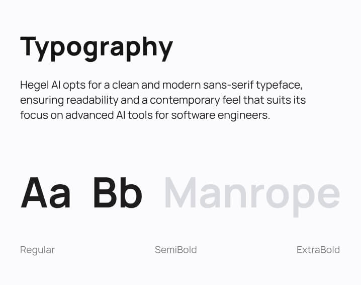 Typography example showing Hegel AI’s clean sans-serif font Manrope in regular, semibold, and extrabold weights with description of its modern style for software engineers.