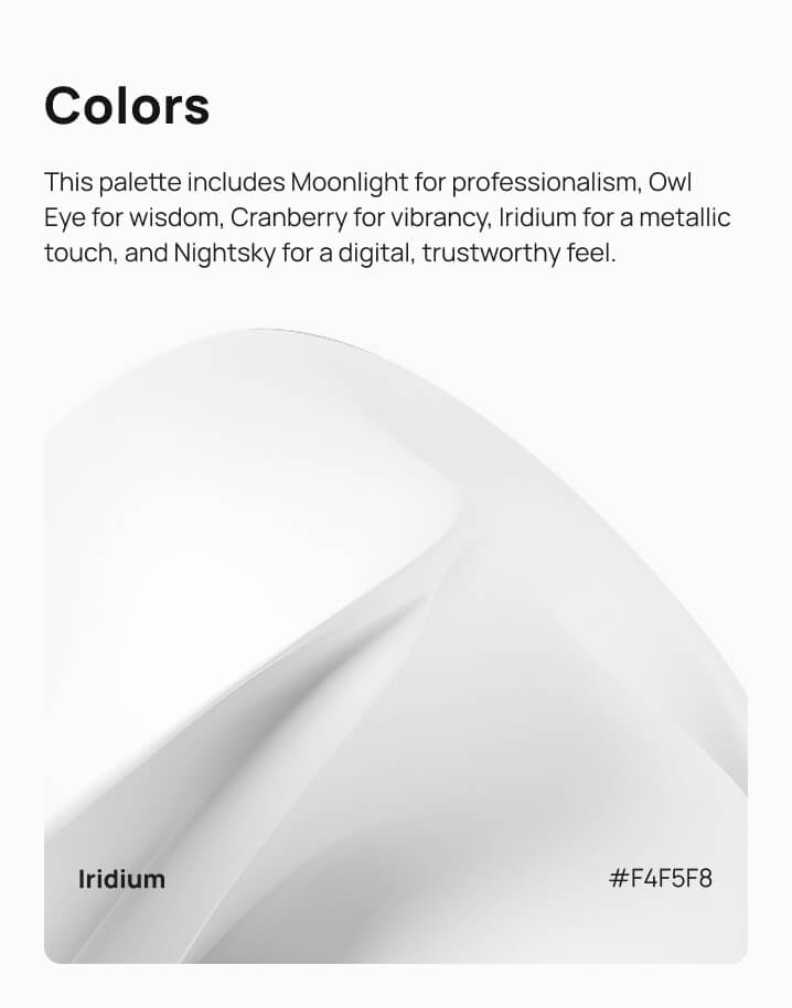 Color palette description highlighting Iridium with a metallic touch and hex code #F4F5F8 on a smooth, light grey abstract background.