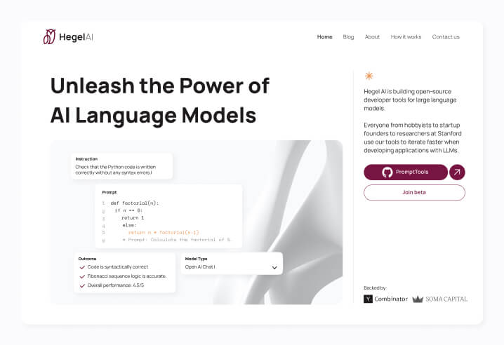 Webpage for Hegel AI showcasing AI language models with Python code example, features, and options to join beta or use prompt tools.