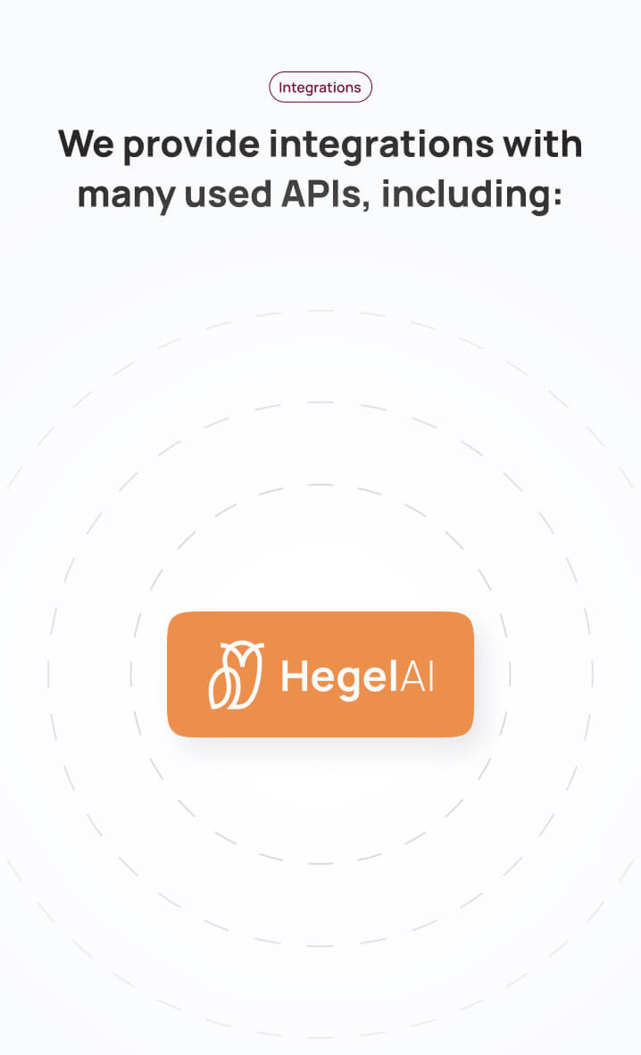 Orange button with white owl logo and text 'HegelAI' indicating available API integrations.