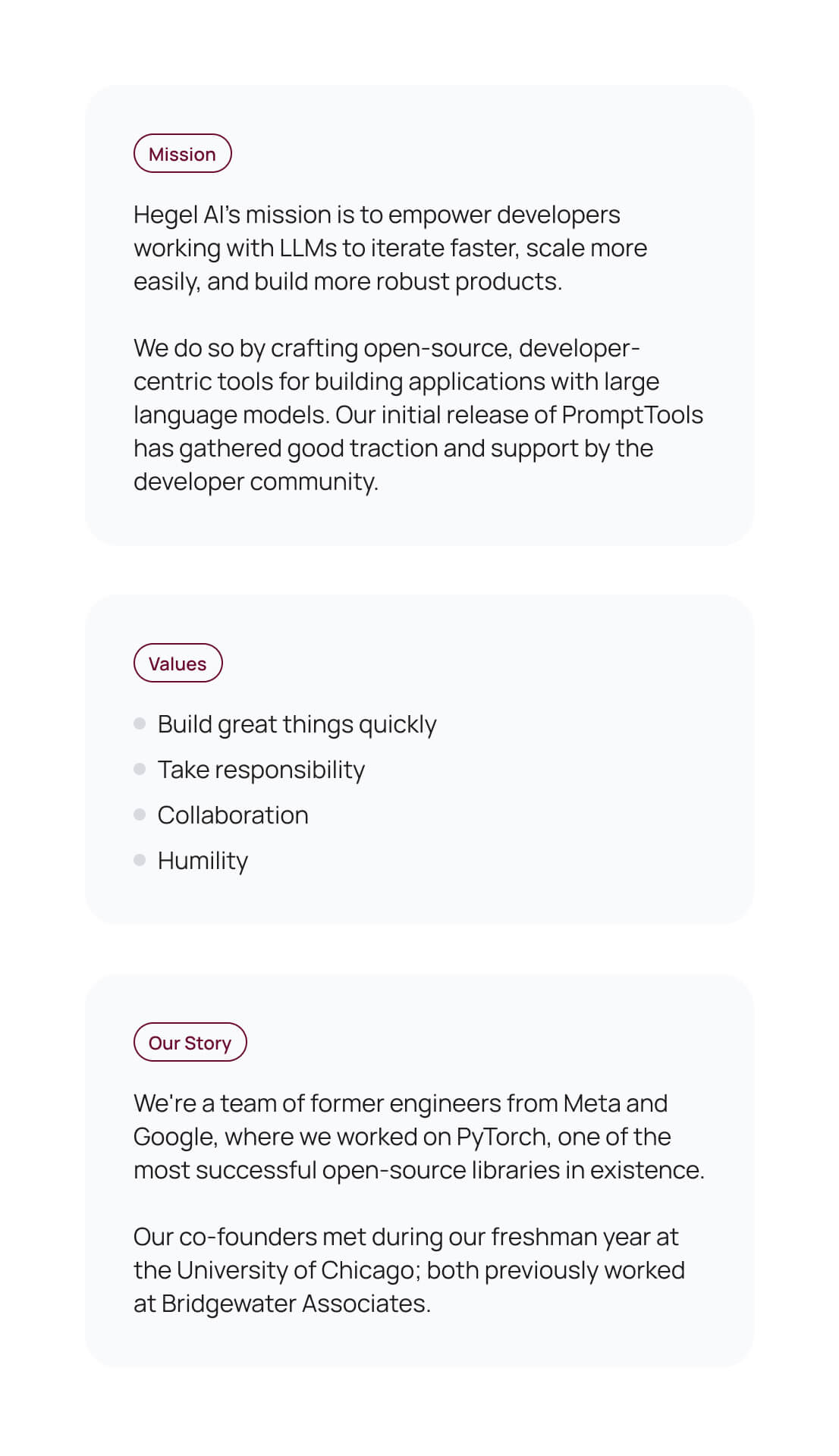 Text describing Hegel AI's mission to empower developers using LLMs, company values including building quickly and collaboration, and background story of founders from Meta, Google, and University of Chicago.