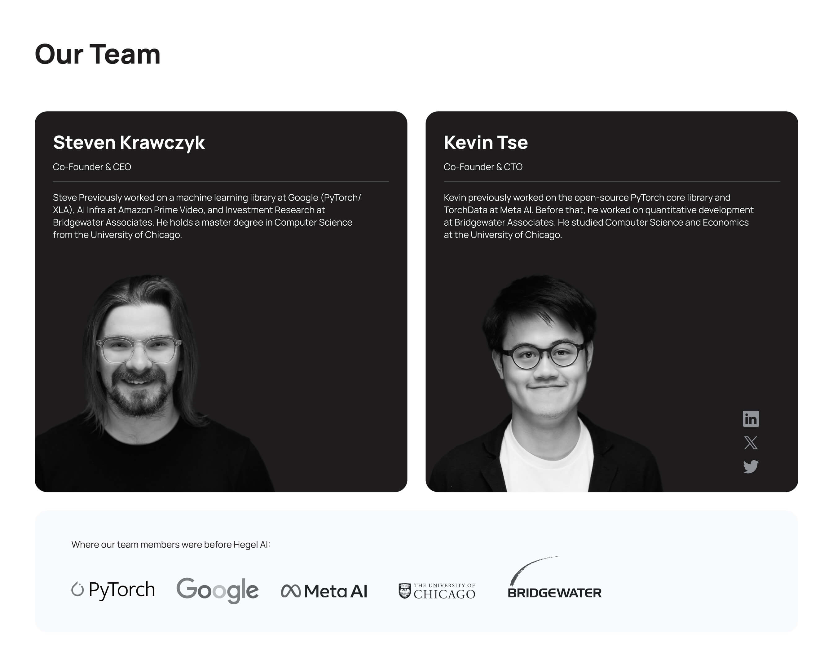 Our Team section showing Steven Krawczyk, Co-Founder & CEO with a headshot and bio about his background in machine learning and degrees, and Kevin Tse, Co-Founder & CTO with a headshot, bio about his work on PyTorch and studies, plus logos of PyTorch, Google, Meta AI, University of Chicago, and Bridgewater under 'Where our team members were before Hegel AI'.