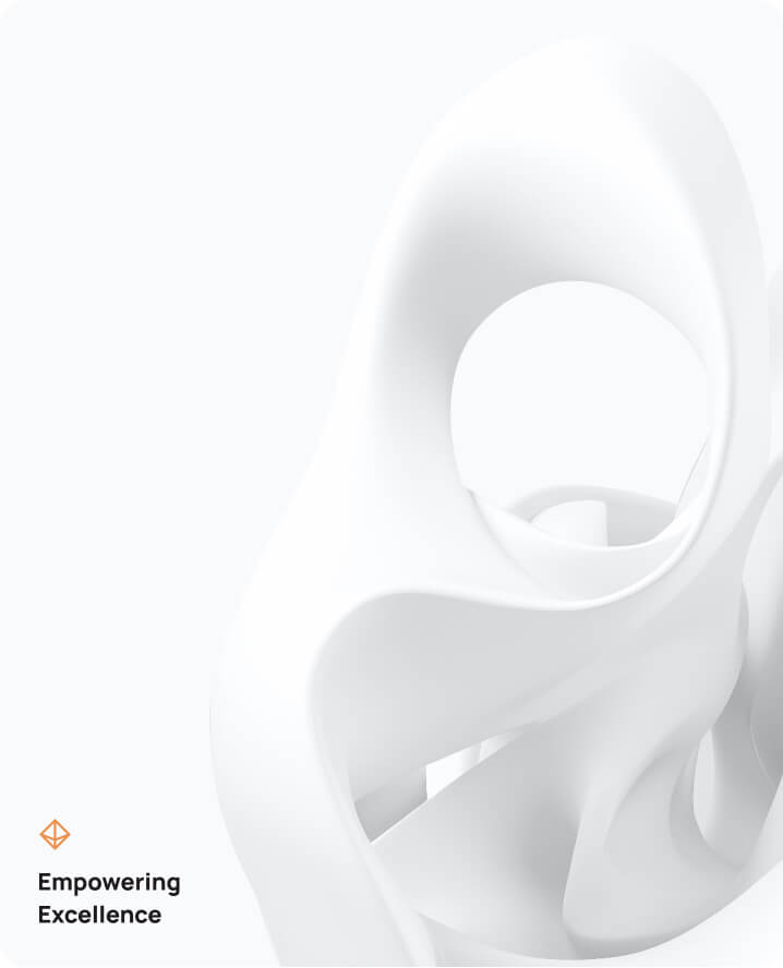 Abstract smooth white sculpture with fluid curves and holes, accompanied by text 'Empowering Excellence'.