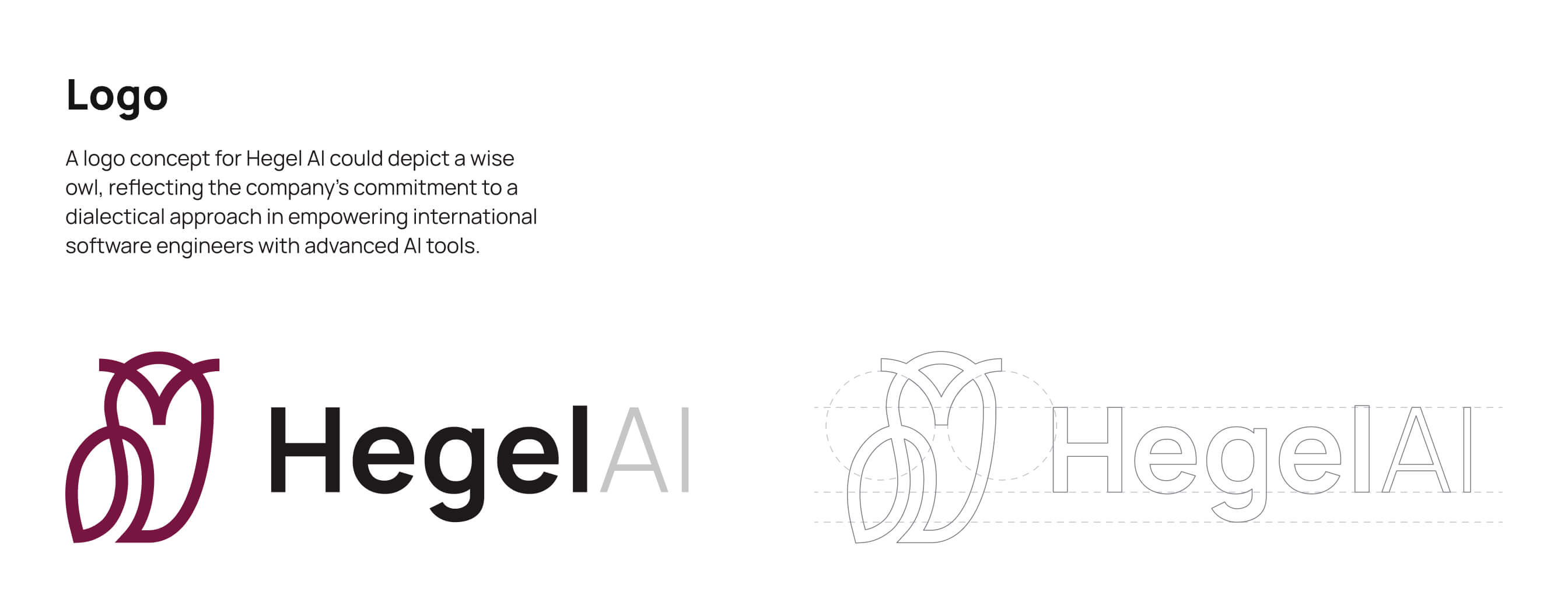 Hegel AI logo concept showing a stylized maroon owl icon beside the company name 'Hegel' in bold black font and 'AI' in light gray.