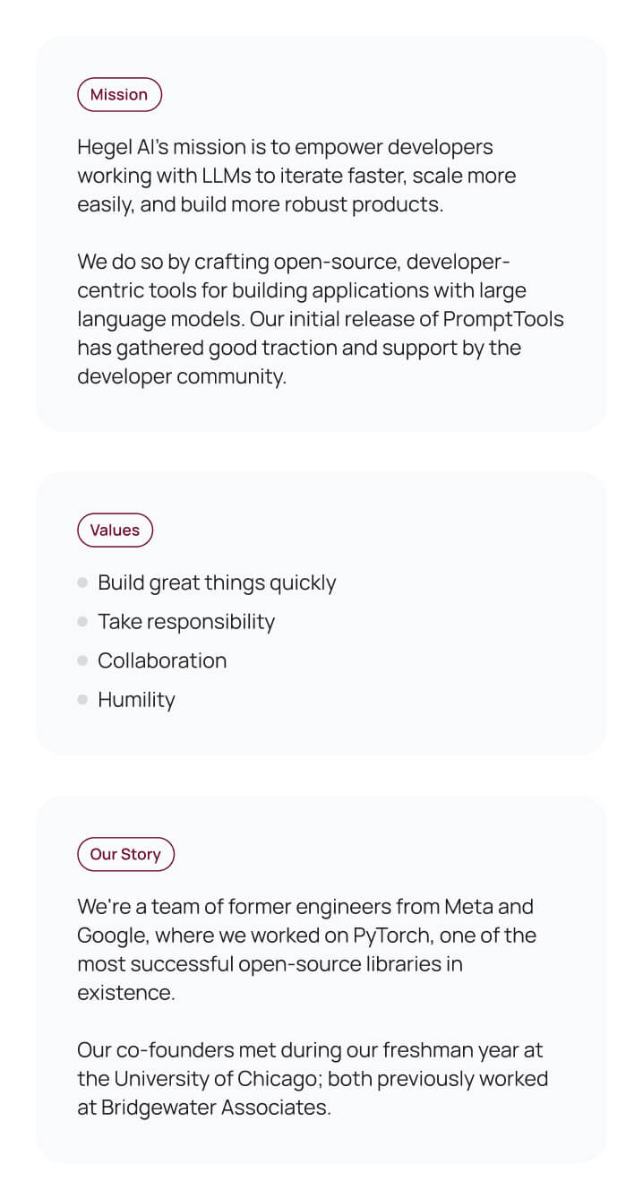 Text blocks outlining Hegel AI's mission to empower developers with LLM tools, company values including building quickly and collaboration, and story of co-founders from Meta, Google, and University of Chicago.