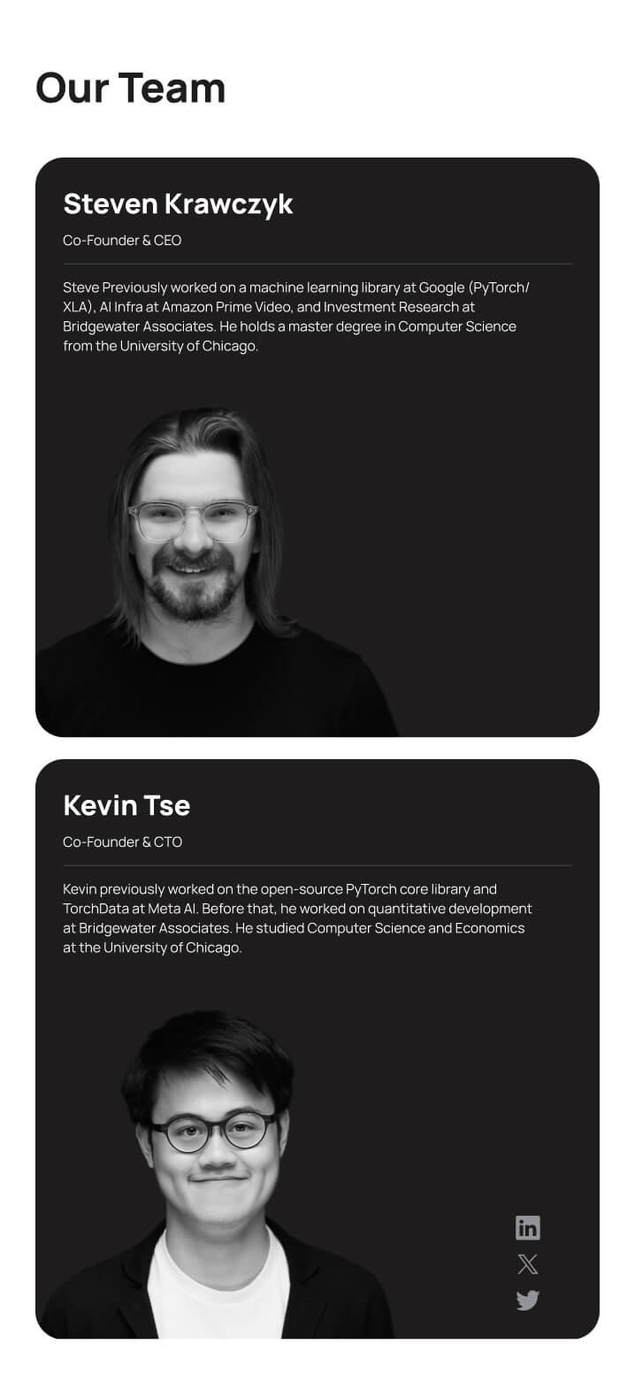 Our team section with black-and-white photos and bios of Steven Krawczyk, Co-Founder & CEO, and Kevin Tse, Co-Founder & CTO, highlighting their education and work experience.