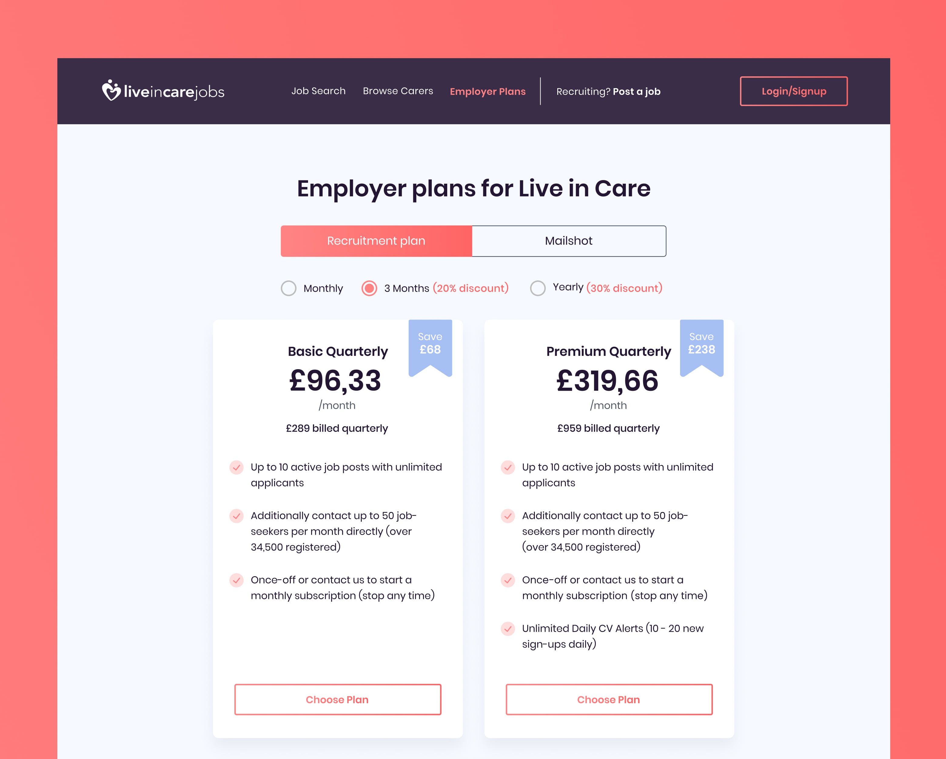 Pricing plans for live-in care employers showing Basic Quarterly at £96.33 per month and Premium Quarterly at £319.66 per month with details on job posts, contact limits, and subscription options.