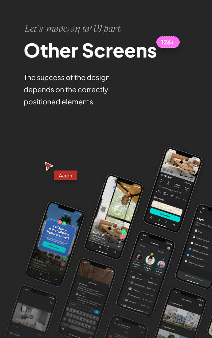 Dark-themed UI design preview with multiple mobile screens showing app interfaces for real estate listings, chat, login, and user profiles.