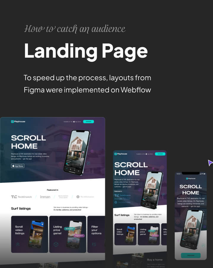 Landing page design showcasing the Playhouse real estate app with scroll video listings, price game, and filter options displayed on desktop, tablet, and mobile screens.