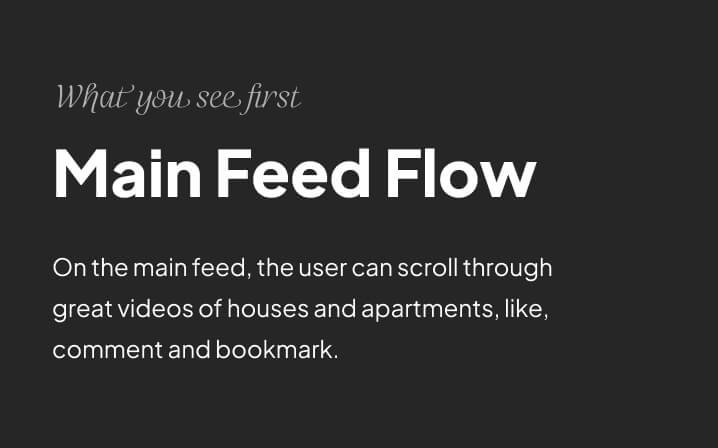 Text explaining the Main Feed Flow feature: users can scroll through videos of houses and apartments, and like, comment, and bookmark them.