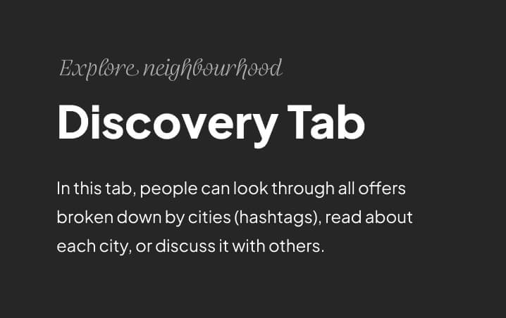 Text explaining the Discovery Tab where people explore offers by cities using hashtags, read city info, and discuss with others.