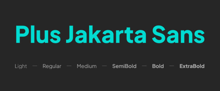 Text displaying font family name 'Plus Jakarta Sans' in cyan with font weight options listed below including Light, Regular, Medium, SemiBold, Bold, and ExtraBold.