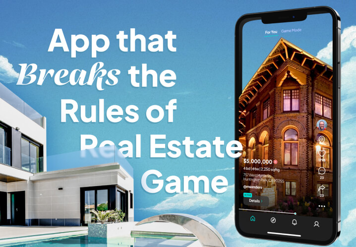 Smartphone displaying a real estate app listing a $5 million luxury brick house, over a background of a modern home with pool and curved detail, with text reading 'App that Breaks the Rules of Real Estate Game'.